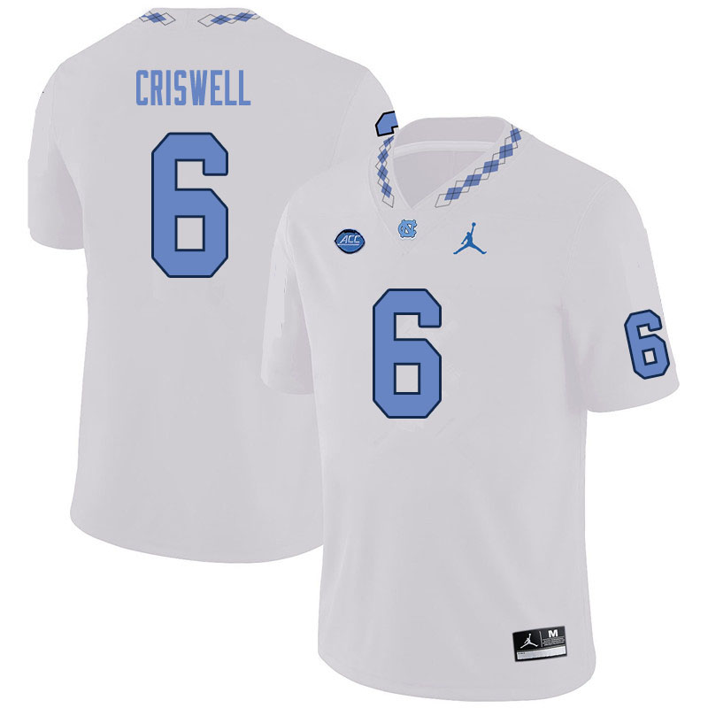 Men #6 Jacolby Criswell North Carolina Tar Heels College Football Jerseys Sale-White